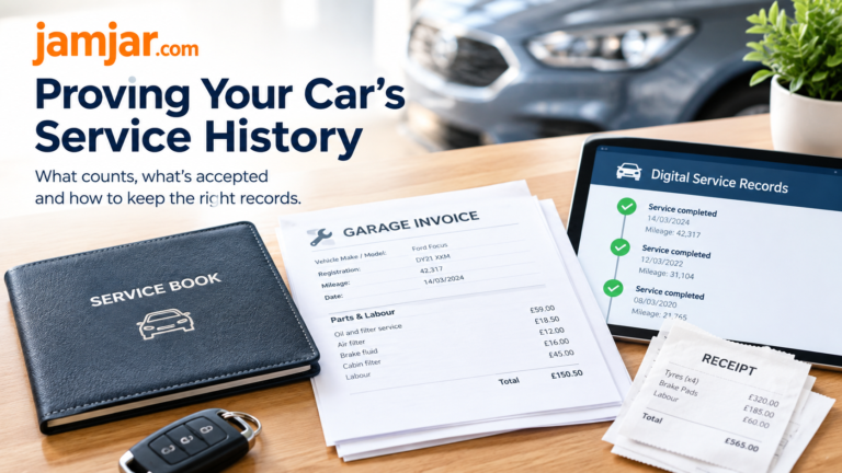 Examples of evidence used to prove a car's service history, including a service book, garage invoice, digital record and receipt