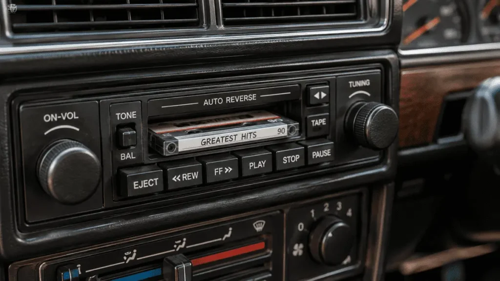 Cassette player and controls in the dashboard of a vintage car
