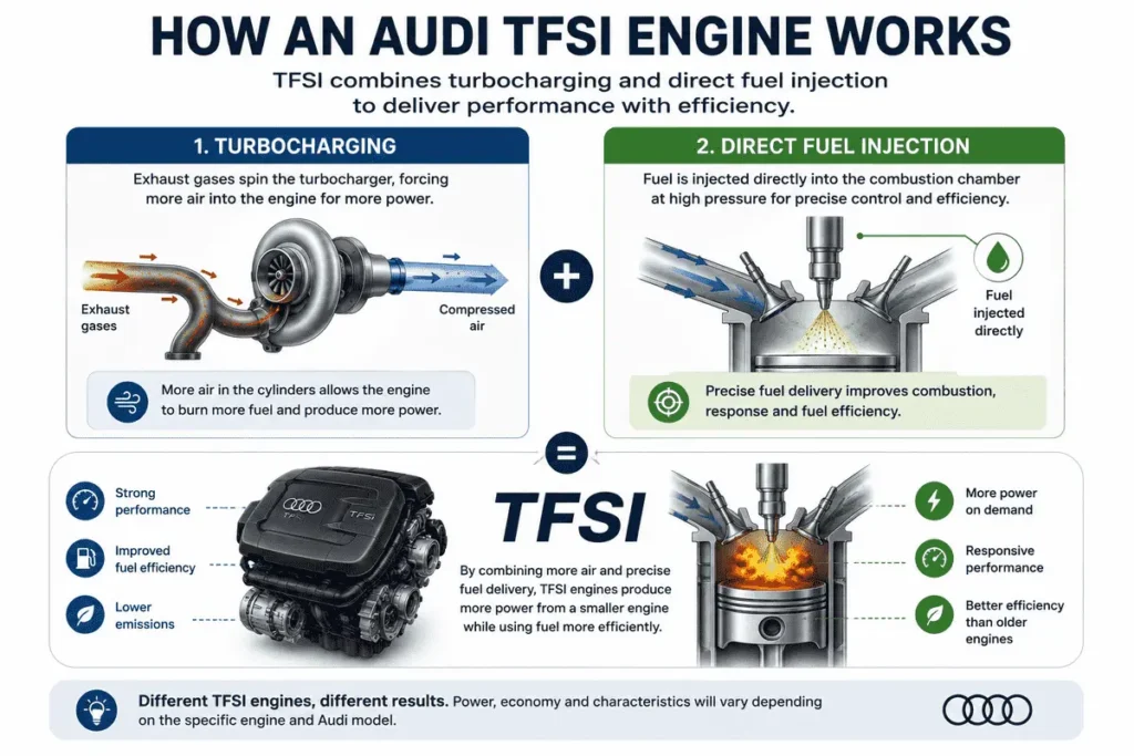 Diagram showing how turbocharging and direct fuel injection work together in an Audi TFSI engine
