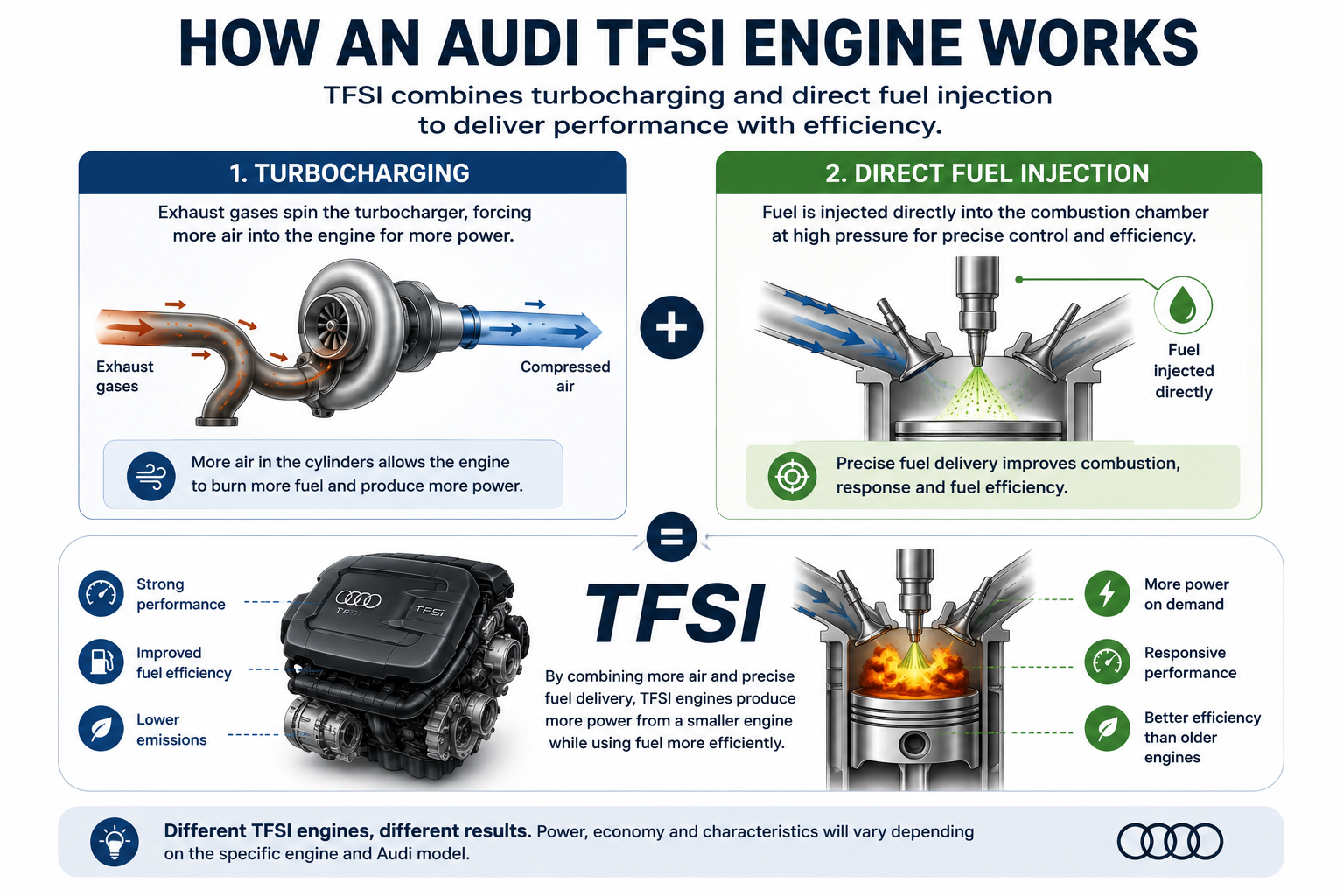 Diagram showing how turbocharging and direct fuel injection work together in an Audi TFSI engine
