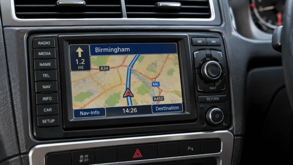 Older factory-fitted satellite navigation system built into a car dashboard